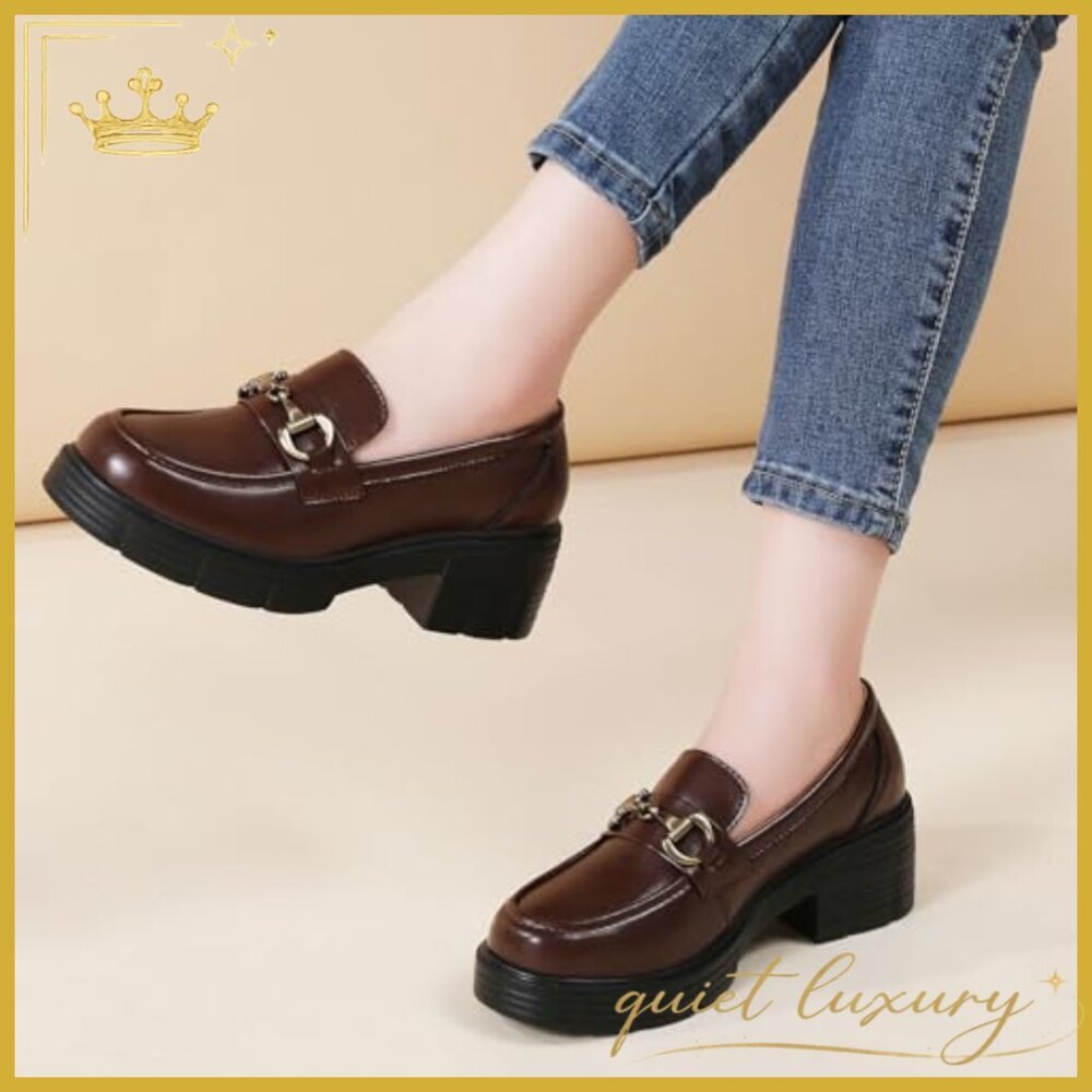Leather Platform Loafers with Gold Buckle, Chunky Heel Slip-Ons - Picture 3 of 7